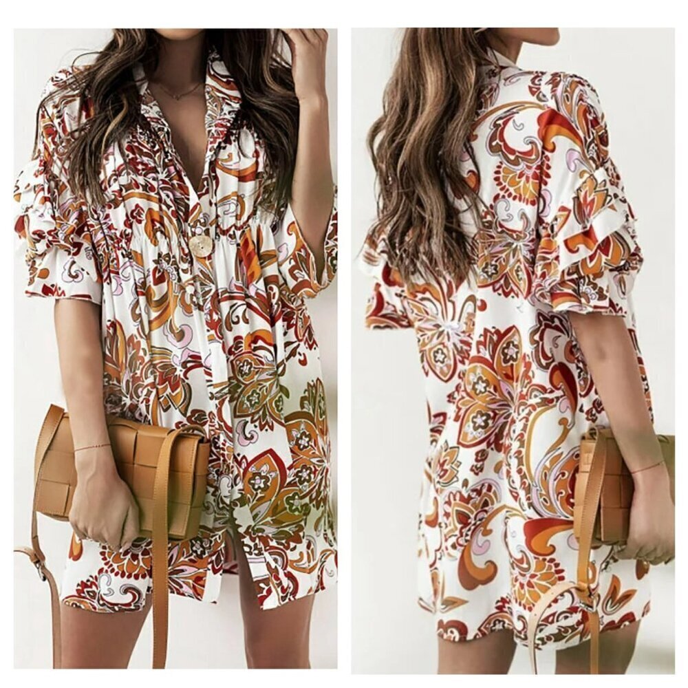 Boho Paisley Floral Ruffle Sleeve Empire Waist Mini Dress Orange Brown White S *